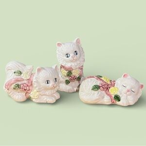 Set of 3 VTG TMD-P 1991 Ceramic Cat Figurines Persian White Pink Rose Kitsch